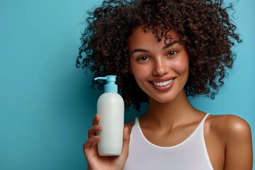 Female holding blank shampoo bottles and conditioners for hair on blue background, smiling woman portrait, bodycare concept of moisturizing spa