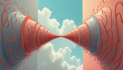 Canvas Print - Abstract 3D illustration with swirling orange and blue shapes against a cloudy sky background.