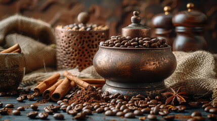 Wall Mural - Coffee beans, vintage coffee grinder and grater on the table with burlap fabric and old copper stylish pepper mill, cinnamon sticks and other spices.