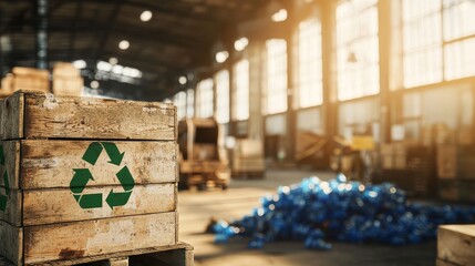 A wooden crate with a recycling symbol sits in a sunlit warehouse, surrounded by piles of recyclable materials, promoting sustainability.