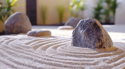 A serene garden scene featuring smooth stones and tranquil sand patterns, perfect for relaxation and meditation.