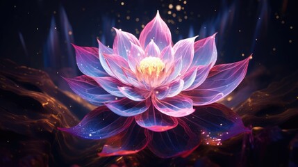 Wall Mural - a delicate pink and purple flower blooms in a dark and mysterious setting, its petals glowing with a