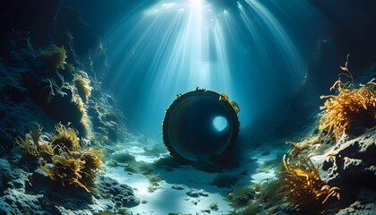 Wall Mural - Underwater pipe adorned with kelp and coral, illuminated by streams of light from the ocean surface