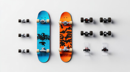 Vibrant skateboard designs featuring bright colors and unique artwork, surrounded by skateboard trucks and wheels for sport enthusiasts.