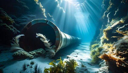 Underwater pipe adorned with kelp and coral, illuminated by streams of light from the ocean surface