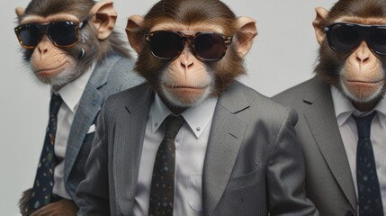 Monkeys wearing sunglasses and suits over a white background