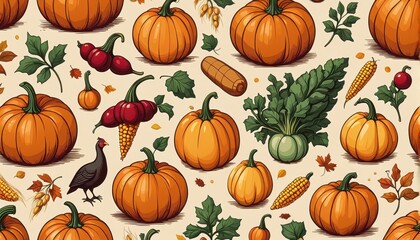 A colorful autumn pattern featuring pumpkins, corn, turkey, and foliage, ideal for seasonal decor.