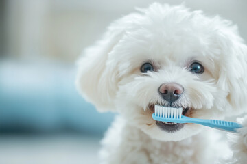 white small poodle dog with a toothbrush cleaning his teeths