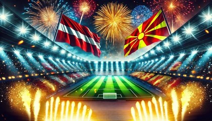 Wall Mural - Latvia vs North Macedonia Football Match with fireworks on the background of the soccer stadium, UEFA Nations League C, Group 4, Match Concept