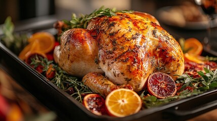 Wall Mural - flavorful roasted turkey with crispy skin, complemented by a fresh herb citrus garnish, ideal for festive holiday feasts and traditional Thanksgiving dinner gatherings