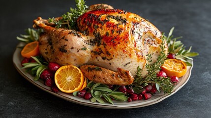 Wall Mural - succulent roasted turkey with a crispy skin and herb citrus garnish, serving as the festive centerpiece of a holiday dinner, embodying seasonal flavors and culinary celebration