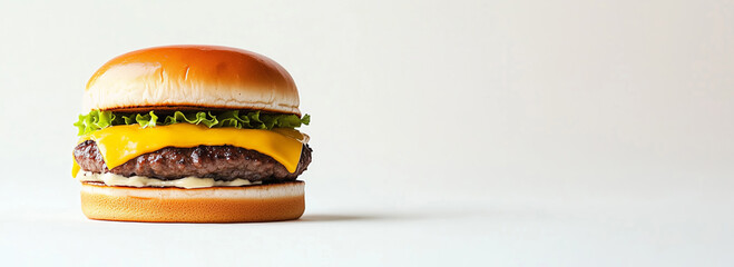 A delicious beef burger, hamburger or cheeseburger with no tomato, against an isolated white background. Room for text, copy space, suitable for a header, banner or fast food menu. 