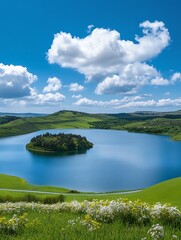 Wall Mural - there is a large body of water surrounded by green hills