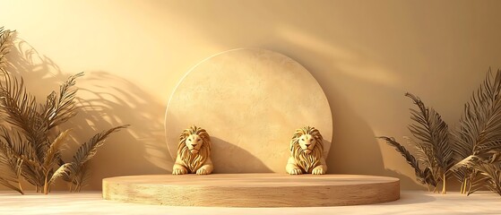 Wall Mural - there are two statues of lions on a round platform in a room