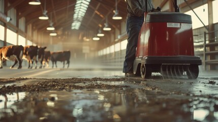 Wall Mural - Farmer Cleaning Barn Floor with a Red Machine