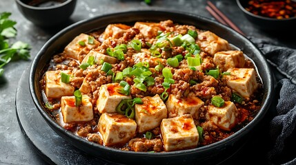 Wall Mural - there is a pan with tofu and green onions in it