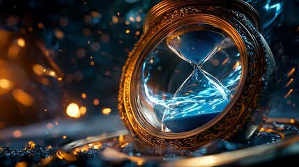 Poster - there is a clock that is sitting on a table with a blue light