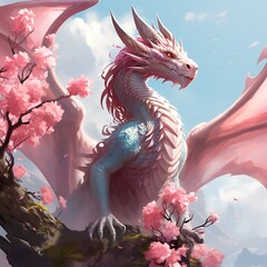 Poster - there is a dragon sitting on a tree branch with pink flowers