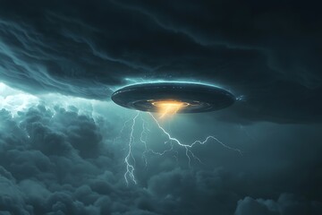 Poster - there is a large flying object in the sky with a lightning