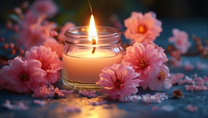 Canvas Print - Tranquil candlelight in a glass jar surrounded by pink flowers radiating warmth and serenity