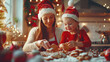 © artmim - Little child girl in Santa hat making Christmas gingerbread cookies with her mother