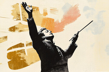 vintage collage portrait of mozart conducting a grand symphony in vienna, his hands raised in a flou