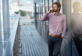 Aufkleber - Thinking, business and man with phone call by window for communication, client feedback and negotiation online. Professional, person and mobile for discussion, consulting contact and proposal outdoor