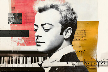 Vintage collage portrait of Mozart performing for European royalty as a young prodigy