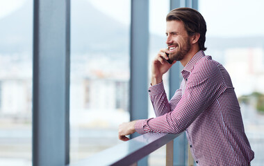 Aufkleber - Business, man and smile with phone call by window for communication, legal feedback and negotiation online. Professional, lawyer and mobile for discussion, consulting contact and proposal outdoor