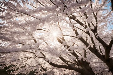 Wall Mural - Shiny rays of white light streaming through the branches of a cherry blossom tree in full bloom, Ai Generated