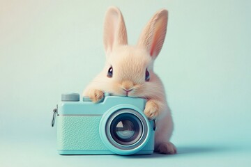 A charming fluffy bunny joyfully poses with a vintage camera against a soft pastel background