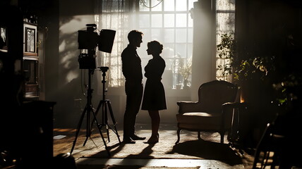 Silhouetted Couple Romantic Encounter Soft Lighting Vintage Setting