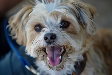 A small dog with a black collar is smiling and has its mouth open