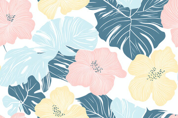 Naklejka na meble seamless pattern wallpaper of hawaiian flowers, fresh pastel colors, jungle, tropical