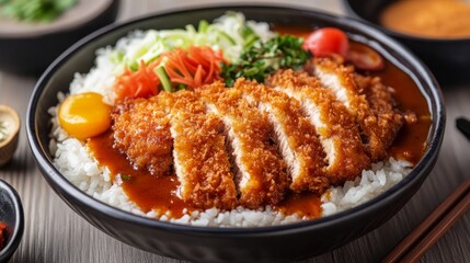 Chicken katsu curry with rice and vegetables in a deep dish - a flavorful and delicious Japanese cuisine meal for lunch or dinner. Photography Stock.