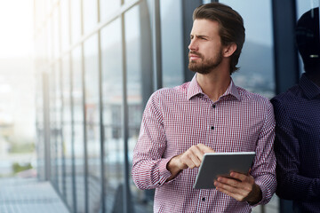 Poster - City, thinking or business man on tablet for research online, planning or vision. Technology, building or worker outdoor with idea for real estate project, property investment or professional insight
