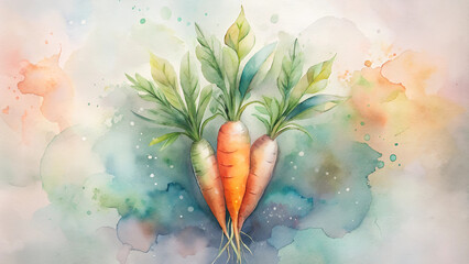 Watercolor carrots in soft colors on a pastel abstract background with copy space