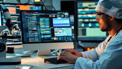 Wall Mural - Doctors hands interacting with advanced computer interface in laboratory, showcasing the integration of technology in modern medical practices