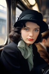 Gorgeous brown-haired woman in an elegant sky blue jacket and a white hat is standing on a city street. Makeup and hairstyle. Style of the 40s. Hollywood style.