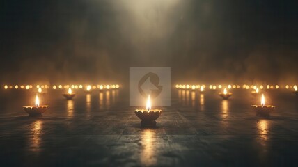 Hindu temple lit with rows of oil lamps for Diwali, 3D illustration