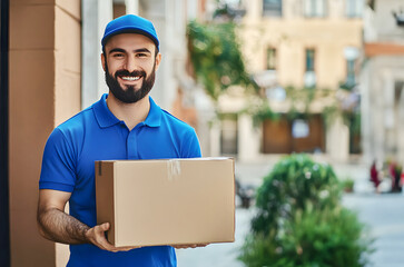 person holding a box , Smiling Delivery Man in blue uniform delivering Paper box