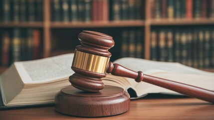 A judge wooden gavel on a desk with open law books behind, signifying authority and the power of legal decisions.