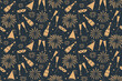 © chrupka - seamless New Year's Eve golden pattern with champagne bottle, glasses, fireworks, party hat and mask- vector illustration