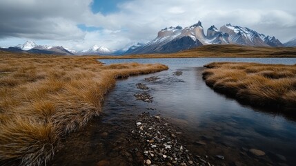 A breathtaking view of a scenic mountain range with a tranquil river flowing in the foreground, surrounded by dry grassland under a dramatic sky.