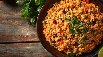 A plate of traditional Puerto Rican arroz con gandules, rice with pigeon peas, served in a rustic dish, with space for a message on the side.