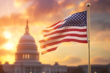 American flag waving in front of the U.S. Capitol building at sunset creating a patriotic atmosphere in Washington, D.C