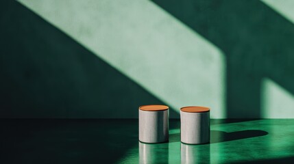 Minimalistic scene with two gray pots in sunlight casting angular shadows on a green background, promoting a sense of calm and modern design elegance.