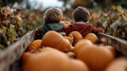 This image depicts two children seated in a wooden cart loaded with pumpkins amidst a vibrant pumpkin patch, embracing the joy and excitement of an autumn day outdoors.