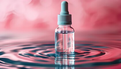 Wall Mural - Serum bottle amidst tranquil water waves against a vibrant pink backdrop