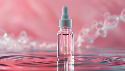 Wall Mural - Serum bottle amidst tranquil water waves against a vibrant pink backdrop